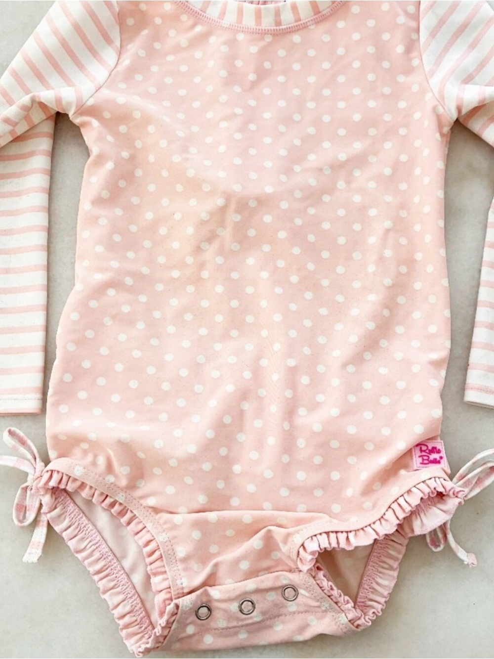 Ruffle Butts Toddler Pink Polka Dot L-Sleeve One Piece Rash Guard Swimsuit S 3T